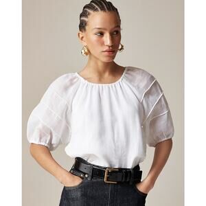 J.Crew Puff-Sleeve Top Sz S White Ramie Pintuck Shoulder Gathered Crew Neckline